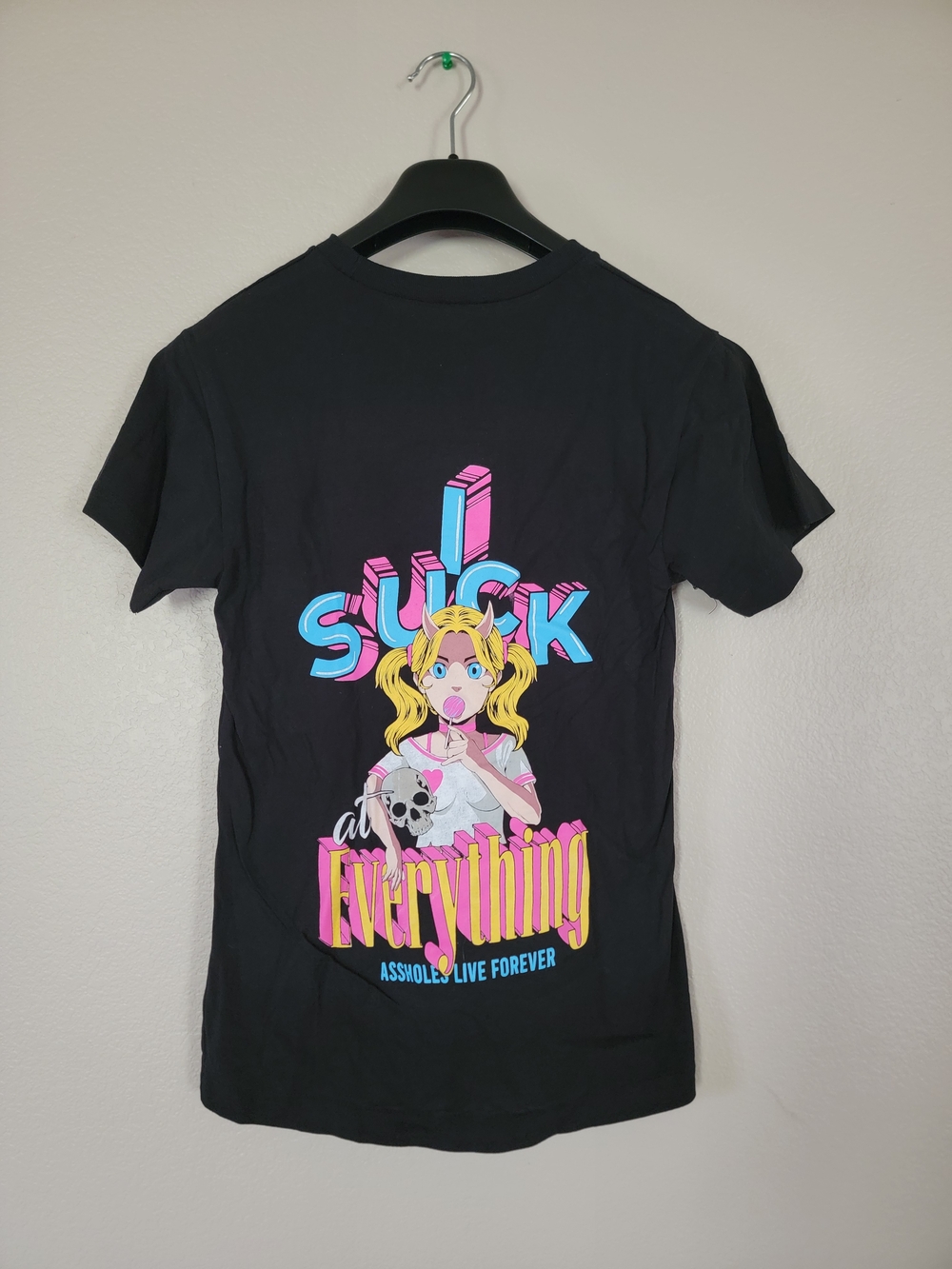 Graphic Short Sleeve Assholes Live Forever Tee - Black with Pink & Blue Print